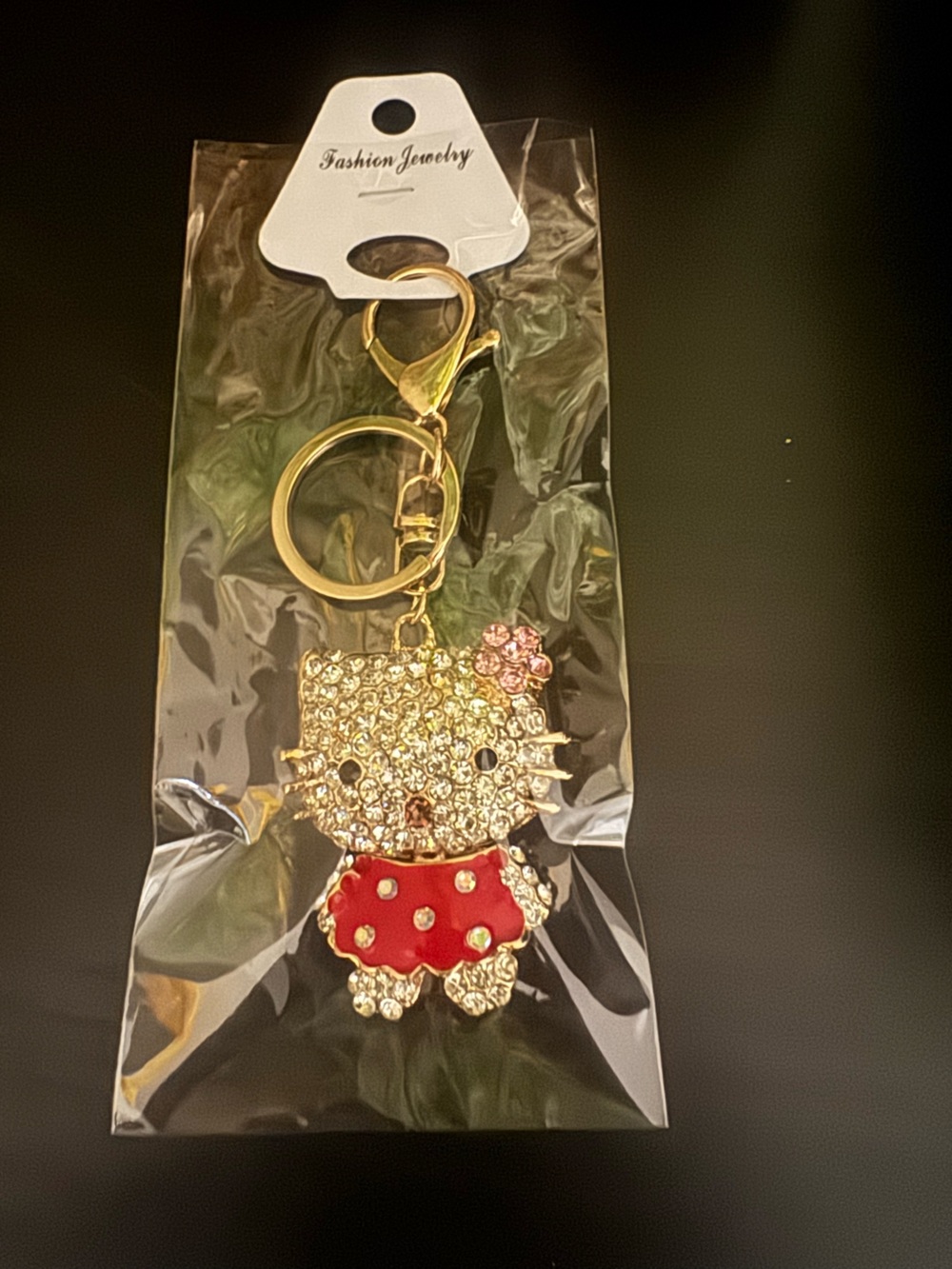 Crystal Kitty Keychain with Red Enamel Dress